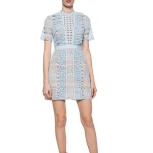 Self Portrait Light Blue Floral Lace Short Sleeve Mini Dress